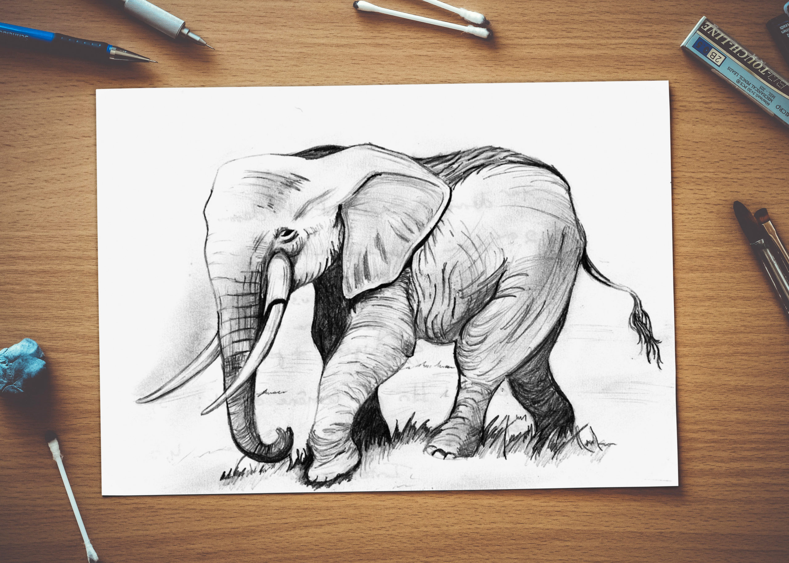 Dessin d'un éléphant au crayon noir